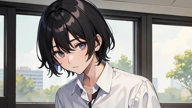 Ragged Hair、male、Hair is black、high school student、１6歳のmaleの子、hair is very short、gloomy image、white cutter shirt、Summer School Uniform、eyes are black、looking down、