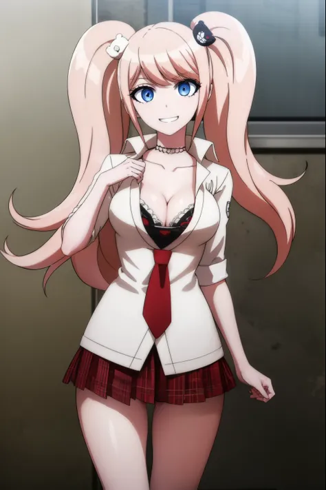 junkoenoshima, junko enoshima, long hair, bangs, blue eyes, pink hair, hair ornament, twintails, bear hair ornament, smile, grin,
BREAK skirt, shirt, bow, cleavage, underwear, collarbone, necktie, choker, bra, red bow, black bra, sleeves rolled up, red ski...