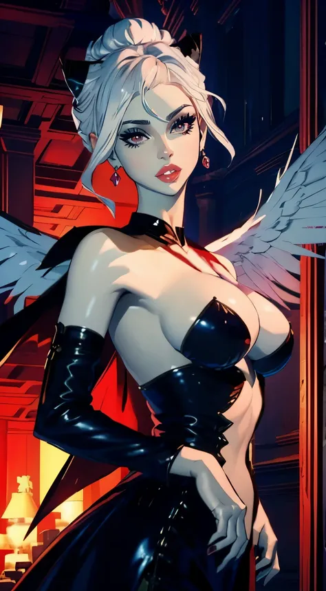 A planeswalker from magic the gathering. She is a vampire angel with platinum blonde hair done up in two side buns. She wears a moon style black dress. She has big angel wings. She has a blood red halo.