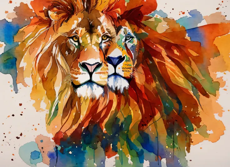 lion, wild lion, Cores lindas, estrelas de cores quentes, 8k, muito afiado, detalhes, estilo aquarela