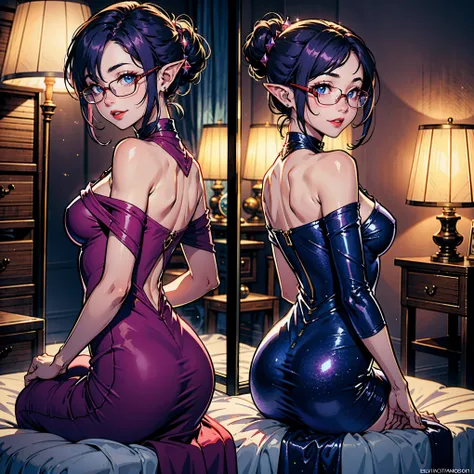 (perfect anatomy), (ultra-detailed comic book style), asian, japanese, (elf woman prominent asian features very short purple hair tied back as ponytail),(detailed skin, Ultra-detailed), cute smile,  features, wearing round glasses, blue eyes, ((sparkly sil...