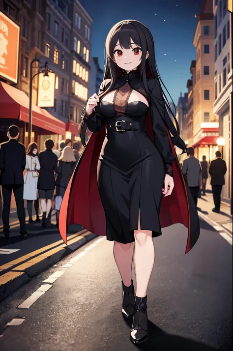 (((Top quality and highly detailed photorealism)))，((Vampire Woman: Red Eyes、Very ),(Walk gracefully along bustling  boulevards),(In the moonlight),(a scene from a movie:1.2))