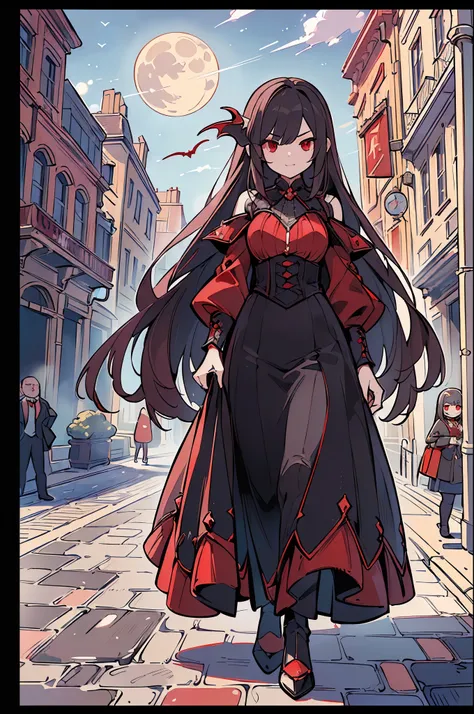 (((top quality and highly detailed photorealism)))，((vampire woman: red eyes、very ),(walk gracefully along bustling  boulevards)...