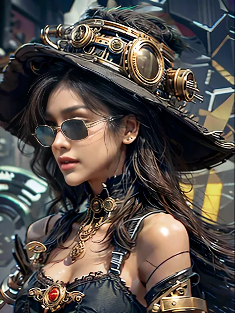 close up, beautiful woman in the hat and round steel gear, long black hair, round black sunglasses, steampunk clothing, victorian era, ((steampunk)), cinematography, crafted, elegant, meticulous, magnificent, maximum details, extremely hyper aesthetic, int...