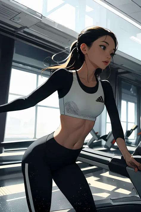 A woman running on a treadmill at the gym ,Woman wearing tight black leggings and neon white bra top, Two-piece tracksuit, Sports bra ,Adidas logo on the right,vivid colors, soft focus, Light leakage, dreamy atmosphere, experimental charm, Retro charm brea...