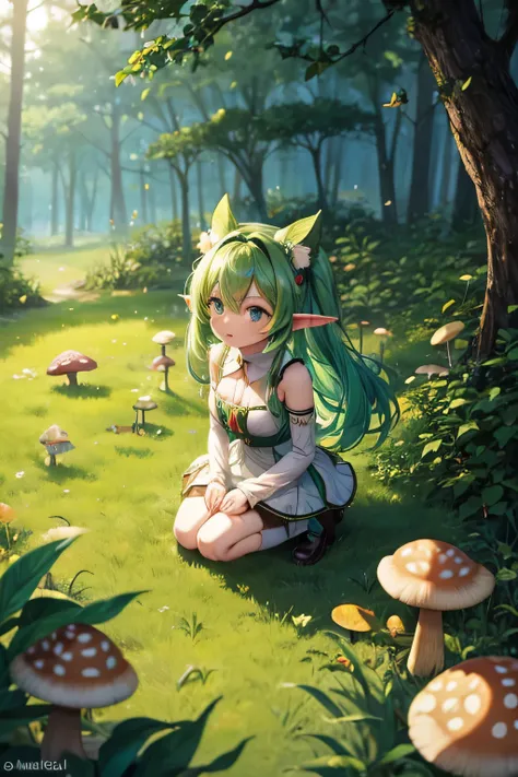 Anime girl, elf ears, green hair, chibi, in the forest, mushrooms, butterflies 