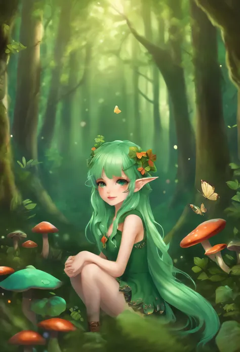 Anime girl, elf ears, green hair, chibi, in the forest, mushrooms, butterflies