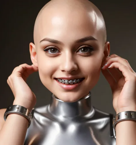 high quality, photo realistic image, cute girl, girl with shiny bald head, big eyes, wearing metal braces on her wrists and hands