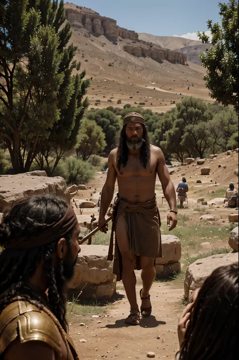 ancient Israelite crowd complains to leader Moses, in the wilderness, in the style of biblical motifs, biblical concept, impressive panoramas, UHD, 32k photorealistic,