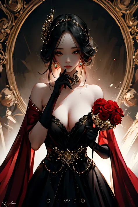 {masterpiece},{best quality},{1 girl}, noble, Carrying a red rose on the head，Astonishing, Beautiful and delicate eyes, black eyes, Coiled hair，Wear a dress，Holding a wine glass，Wearing black gloves，grace
