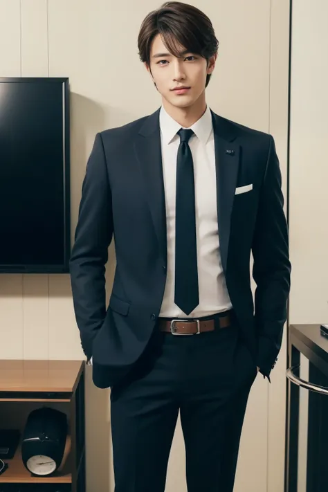 Brown suit、　20-year-old refreshingly handsome new employee、　（Super cool S-class guy in a suit）、　Japan boys at 20 years old、　businessman、　Ultra-luxury suits、　s Office、　Stand in a suitＳYoung handsome man、　Full body photo、　（Highly detailed photos of CG Unity ...