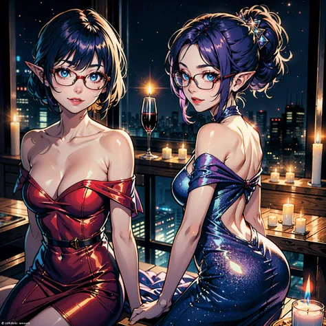 (perfect anatomy), (ultra-detailed comic book style), asian, japanese, (elf woman prominent asian features very short purple hair tied back as ponytail),(detailed skin, Ultra-detailed), cute smile,  features, wearing round glasses, blue eyes, ((sparkly sil...