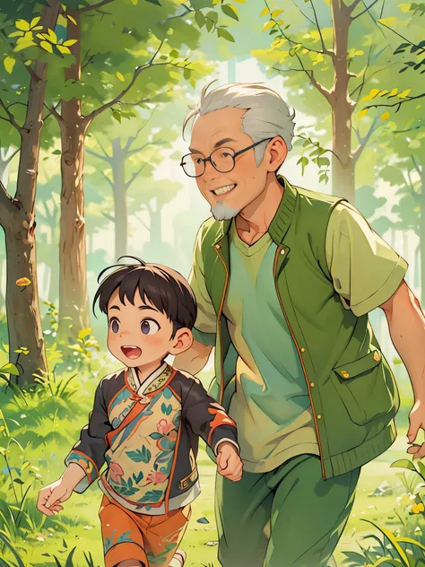 early morning，Little boy running in the park with grandpa，Happy, digital illustration, Illustration poster, Chinese style，