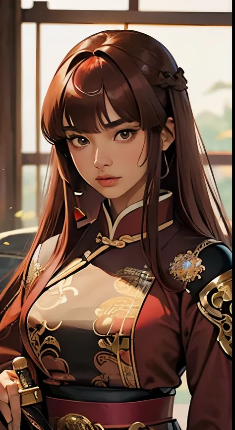 Twelve Kingdoms, Yoko Nakajima, Keioh, Masterpiece, Beautiful Girl, Beauty, Ultra Precise, Elaborate, Photorealistic, Realistic, (((Crimson Hair)), Long Hair, (((((Brown Skin)))), Dignified Face, Perfect Eyes, Perfect Lips, Ancient Chinese Dynasty Dress, (...