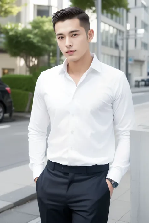 20-year-old refreshingly handsome new employee、　（Super cool S-class guy in a suit）、　Japan boys at 20 years old、　businessman、　Ultra-luxury suits、　Striped suit、　s Office、　Stand in a suitＳYoung handsome man、　Full body photo、　（Highly detailed photos of CG Unit...