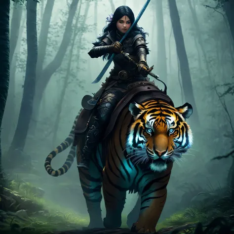 there is a woman riding a tiger in the woods with a sword, epic fantasy digital art style, 4k fantasy art, epic fantasy art style, fantasy art behance, detailed digital 2d fantasy art, 8k fantasy art, epic fantasy art style hd, digital 2d fantasy art, 4 k ...