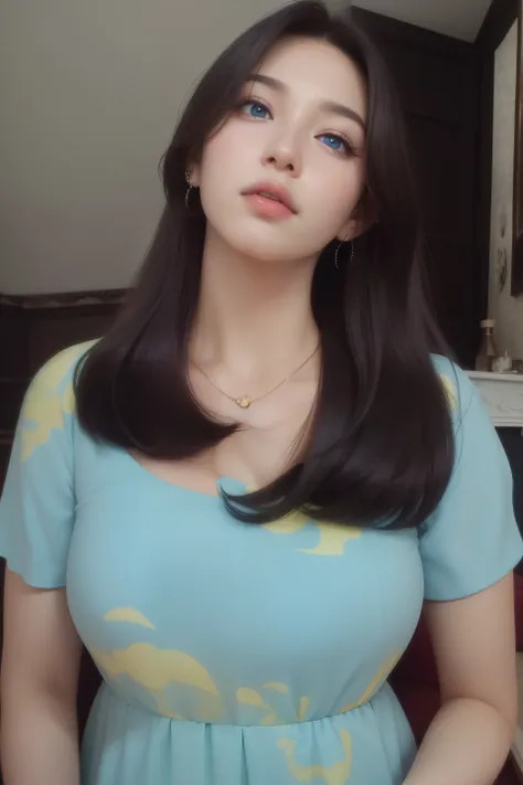 Beautiful big breastokeh), indoors, detailed luxury living room, gentle and charming beautiful goddess, Korean(kpop-idol), solo, necklace, oval face, double eyelids, smart, good hands, good feet, Natural, (from below angle), (glossy skin:1.05), ((low angle...