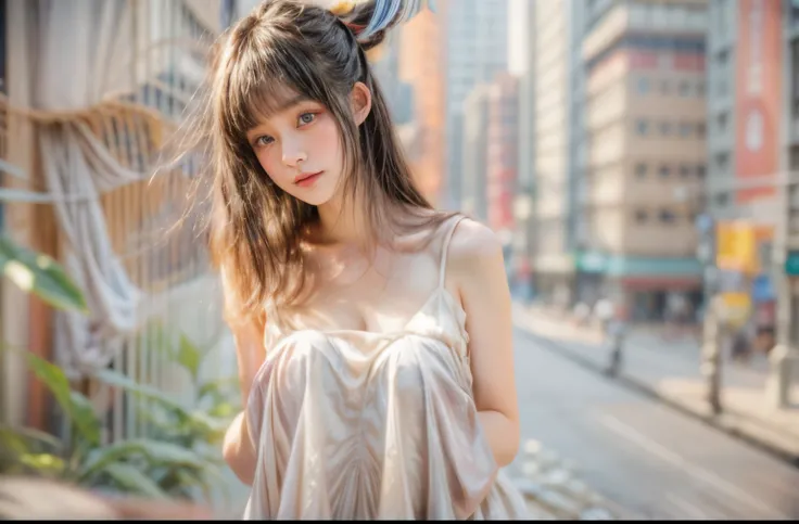 masterpiece、highest quality、cinema、(Detailed both eyes)、(cute japanese woman、bangs:1.3)、23 years old、1 girl、elegant、black hair、cyber punk、Van Gogh style、(auraroid photo:1.4)、red dress、squat