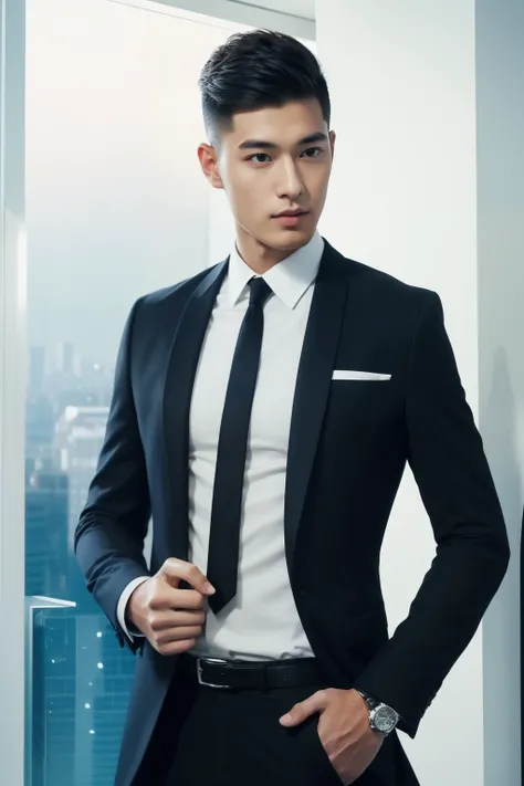 20-year-old refreshingly handsome new employee、　（Super cool S-class guy in a suit）、　Japan boys at 20 years old、　businessman、　Ultra-luxury suits、　Striped suit、　s Office、　Stand in a suitＳYoung handsome man、　Full body photo、　（Highly detailed photos of CG Unit...