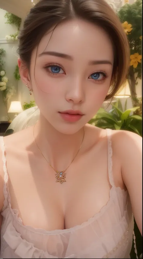 Beautiful big breastokeh), indoors, detailed luxury living room, gentle and charming beautiful goddess, Korean(kpop-idol), solo, necklace, oval face, double eyelids, smart, good hands, good feet, Natural, (from below angle), (glossy skin:1.05), ((low angle...