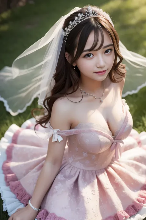 (highest quality, masterpiece:1.2), (realistic:1.3), (ultra-detailed background, detailed background), Bokeh, sexy cleavage, ruffle dress, See-through dress with lace trim, bridal tiara, gorgeous pink wedding dress, Luxury Wedding Dresses, Classic wedding ...