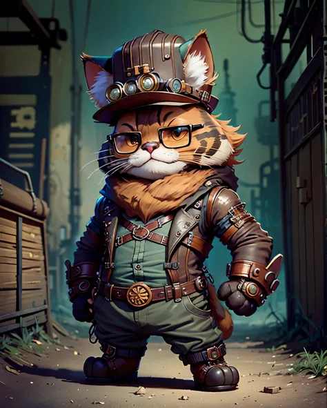 cat wearing steampunk armor, wearing steampunk hat and round glasses, vintage machinery. chibi, standing. background steampunk c...