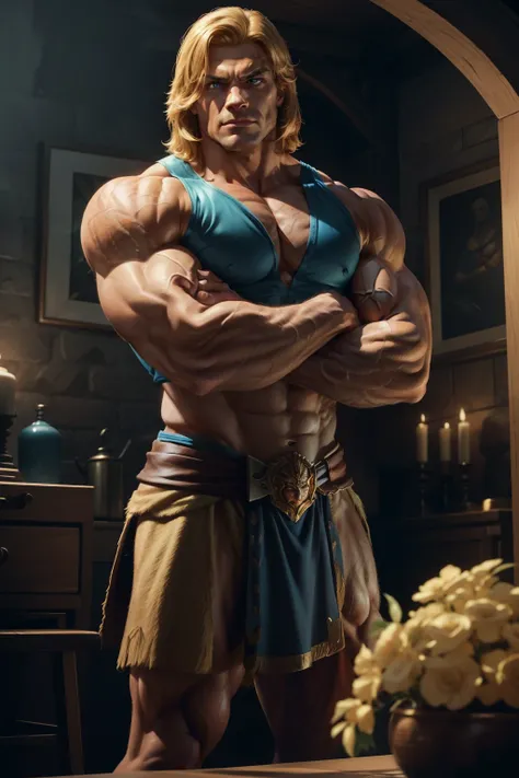 He-man, with his broad shoulders and muscular physique, stands confidently in the scene with his arms crossed, looking directly at the camera. His friendly demeanor shines through his piercing blue eyes, inviting a sense of approachability. The ultra-reali...