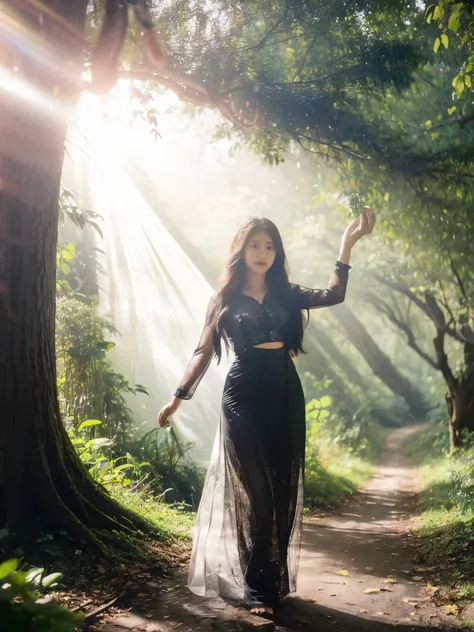 "Generate a scene in a mystical forest where a girl, dressed in an enchanting transparent long gown, stands under the filtered sunlight streaming through the dense canopy. Her hair, flowing down to the ground, defies gravity in places, creating an otherwor...