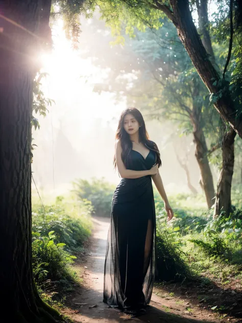 "Generate a scene in a mystical forest where a girl, dressed in an enchanting transparent long gown, stands under the filtered sunlight streaming through the dense canopy. Her hair, flowing down to the ground, defies gravity in places, creating an otherwor...