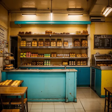 Interior photography of a snack bar (Brazilian poor neighborhood bakery style), low angle, cinematic, 4k, photorealistic, sharp details, high resolution, cool colors, high sharpness, photo