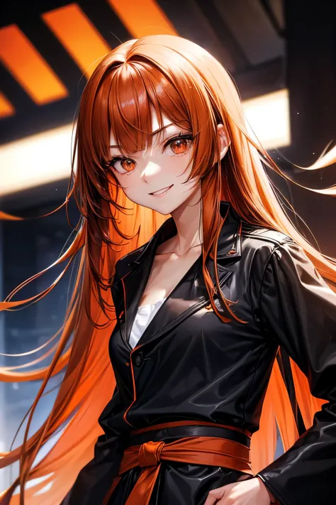 A 20 years old Japanese lady (( slender, small breast )), whole body, red voluminous straight (( long ))hair, messy blunt bangs,(( wears black chesterfield coat )) ((orange camisole ))((black))long skirt covers her knees ,  (( corners of her mouth are risi...