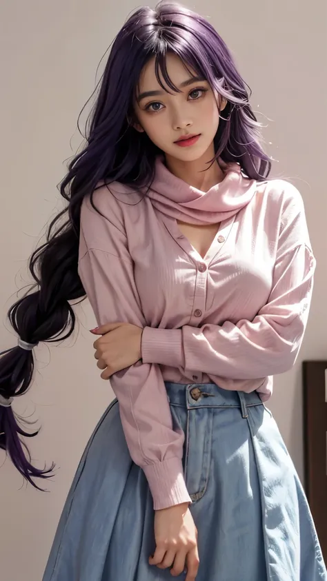 1 6 year old girl，Elementary school student wearing a red scarf，child，Cute little girl skin color，Purple hair big breasts、purple hair、long hair、single strand braid、headgear、purple eyes，Cute pink lips，wearing a bright shirt，in a pastel color palette aurorap...