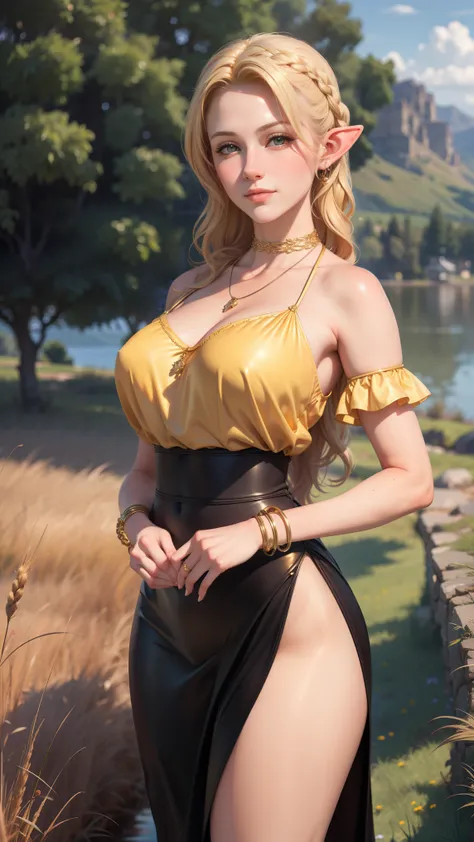 (masterpiece, best quality, realistic), Potrait of very charminf white skin elf woman, blonde hair, thick braided hair, long hair, grass field background, mountain, tress, lake, golden bracelet, golden bell, bell necklace, leather chocker, art by WLOP and ...