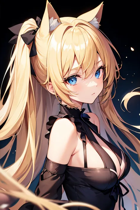 anime, silhouette of a beautiful blonde, blue eyes,  facing backwards, supermodel wearing cat ears on a black background, soft glow
