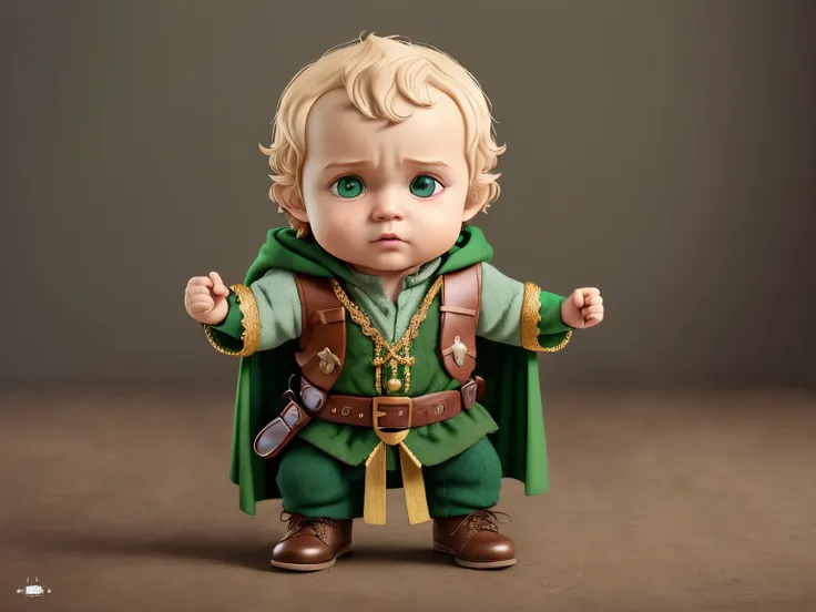 (cbzbb:1.25), portrait of cutest frodo baggins baby illustration, artstation, (green embroidered shirt, belt with gold buckle, leather vest, brown shoes with gold buckles, green hooded cape), CGI_Animation, 