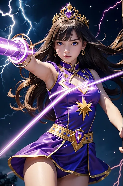 A cute teenage girl is in a strange jewel inlaid outfit, she has a tiara with a magic symbol, her eyes are violet, she is in an action pose wielding a wand that has a heart motif, electricity dances around her and she hurls a lightning bolt from her wand