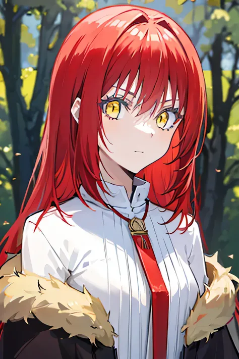 1girl, solo, Blood Red Hair, Yellow Eyes, fair skin, vial necklace on neck,