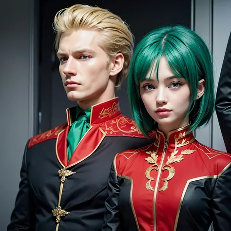 man with blonde hair and blue eyes in black and red suit standing next to a girl with green hair and green eyes in a black and red suit