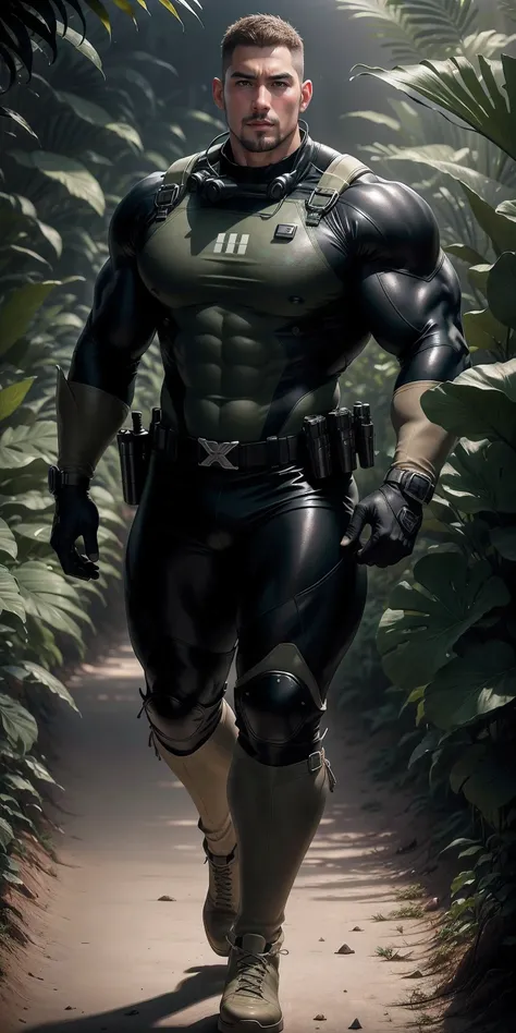 High, huge, muscular police officer with his mouth open and screaming..,Light khaki camouflage uniform,character idea(Resident Evil - chris redfield,chris redfield)senior police officer,Wearing a light khaki camouflage diving suit,Matte texture,regular sym...