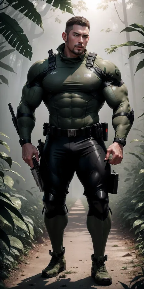High, huge, muscular police officer with his mouth open and screaming..,Light khaki camouflage uniform,character idea(Resident Evil - chris redfield,chris redfield)senior police officer,Wearing a light khaki camouflage diving suit,Matte texture,regular sym...