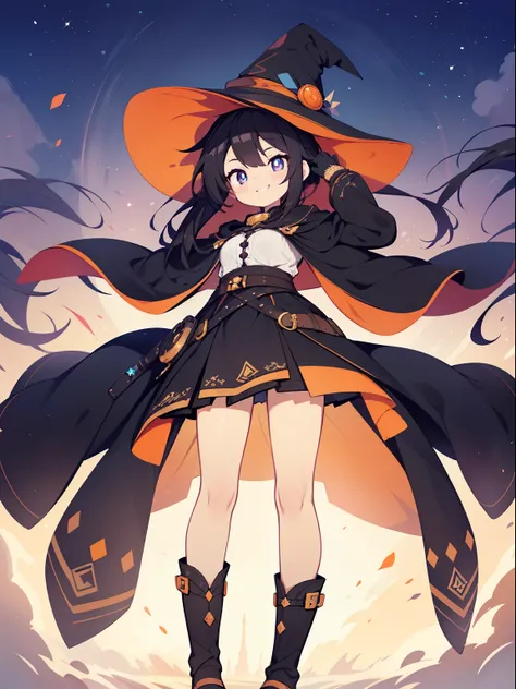 (Wizard Girl:1.2), (1 person:1.2),(10 year old girl)、young girl、big breasts、 nffsw、shader、highly detailed eyes、witch&#39;s clothes(witch hat、Orange sweater、black mini skirt、black cloak)、long hair、orange hair、silky hair、ultra-intricate pupil in eyes、highest...