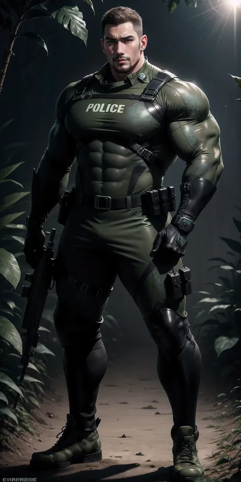 High, huge, muscular police officer with his mouth open and screaming..,Light khaki camouflage uniform,character idea(Resident Evil - chris redfield,chris redfield)senior police officer,Wearing a light khaki camouflage diving suit,Matte texture,regular sym...