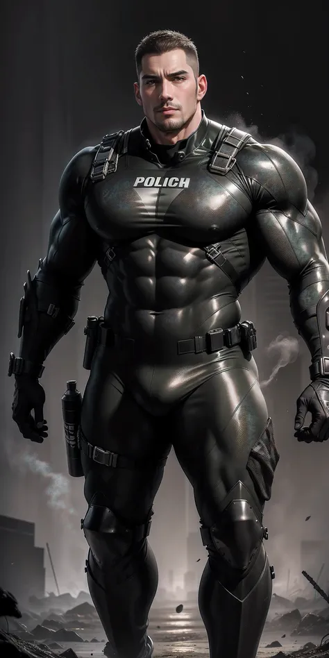 High, huge, muscular police officer with his mouth open and screaming..，Black and gray khaki camouflage uniform，character idea（Resident Evil - chris redfield，chris redfield）senior police officer，Wearing a black and gray khaki camouflage diving suit，Matte t...