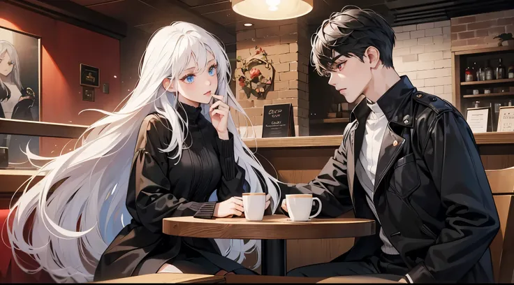 A ((girl)) with long ((white)) hair and ((blue)) eyes talking to a ((boy)) with ((black)) hair and ((red)) eyes in a coffee shop.The artwork is perfect, of the best quality, in 8K and detailed