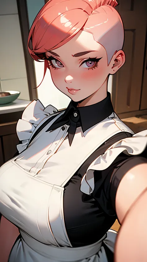 Close-up portrait of naughty maid, undercut hair, apron, amazing body, Distinctive female features, plump, kitchen, [ash blonde | ginger pubic hair | pink hair], Flirting with the camera