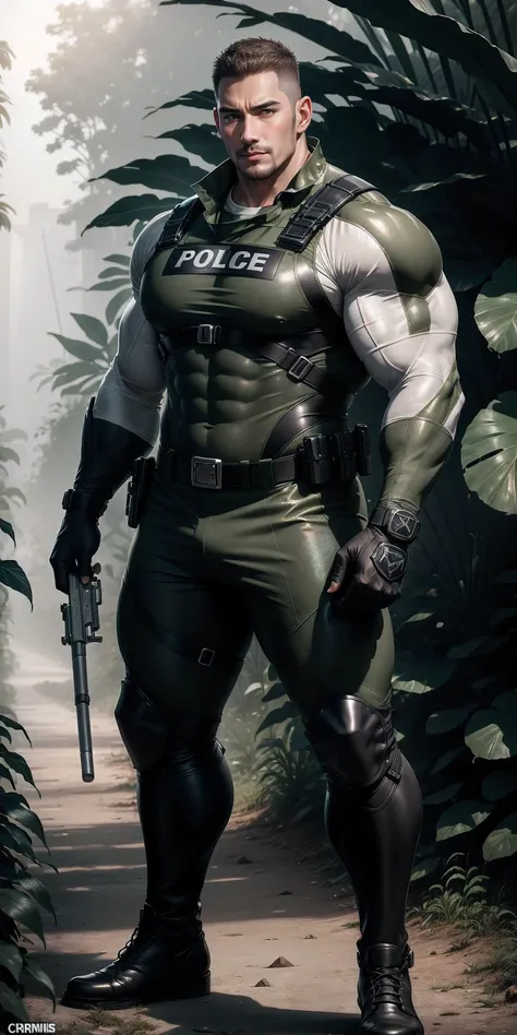 High, huge, muscular police officer with his mouth open and screaming..,Light khaki camouflage uniform,character idea(Resident Evil - chris redfield,chris redfield)senior police officer,Wearing a light khaki camouflage diving suit,Matte texture,regular sym...