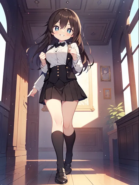 (Girl in a suit:1.2), (1 person:1.2),(10 year old girl)、young girl、big breasts、 nffsw、shader、highly detailed eyes、suit figure(White shirt、black tight skirt、black suit jacket)、long hair、light brown hair、silky hair、ultra-intricate pupil in eyes、highest quali...