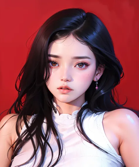 un primer plano de una mujer con el pelo largo y negro con una blusa blanca, retrato de jisoo rosa negro, portrait of jossi de blackpink, Jinyoung Shin, jisoo de blackpink, Jisoo de Blackpink, TaeJune Kim, retrato de ídolo coreano femenino, heonhwa choe, j...