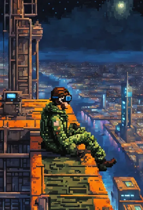 pixel art, digital oil pastel on canvas, (sci-fi camouflaged) man (wearing tech goggles) lying flat on a warehouse tower rooftop...