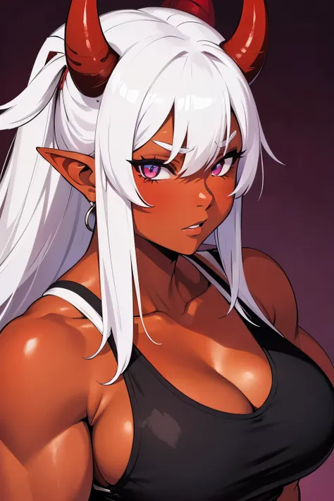 A closeup of a red-skinned, dominant oni girl. She is muscular and voluptuous; has white hair; has red-colored skin; has red horns; has purple eyes. She is wearing a black tanktop.